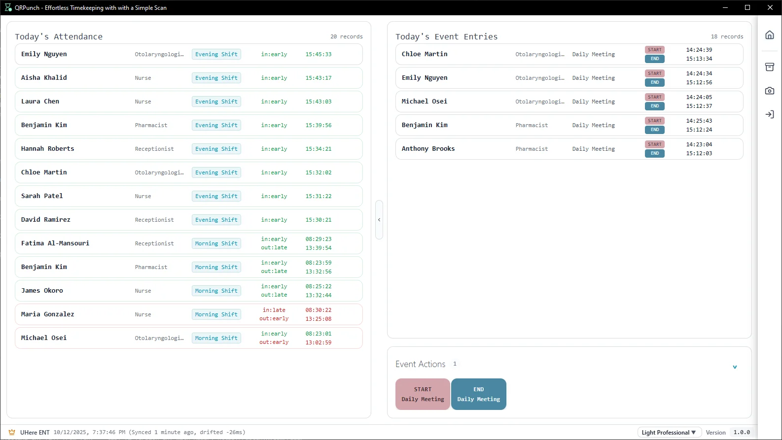 QRPunch employee time tracking dashboard - QR code attendance system showing real-time clock-in/out events and daily attendance records