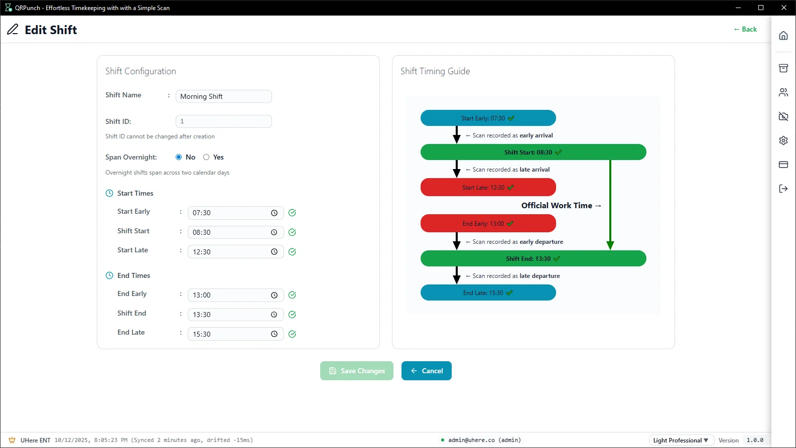 QRPunch shift management and employee time clock software - Configure work schedules with early/late arrival tracking for attendance monitoring